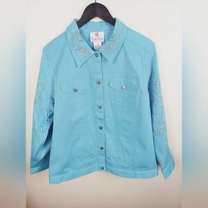 NWT Quacker Factory Stretch Denim Jean Jacket Jeanne Turquoise  1X A6345